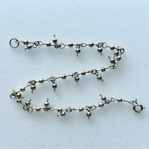 Vintage Silver Dangling Mini Bead and Clear Seed Bead Chain Anklet Bracelet 9” - Picture 4 of 5